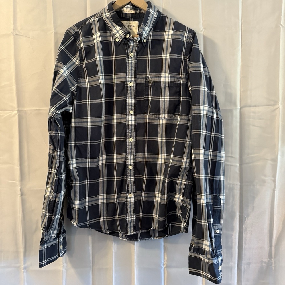 Abercombie & Fitch Dress Shirt Mens‎ XL Long Sleeve Muscle Cotton Blue Plaid
